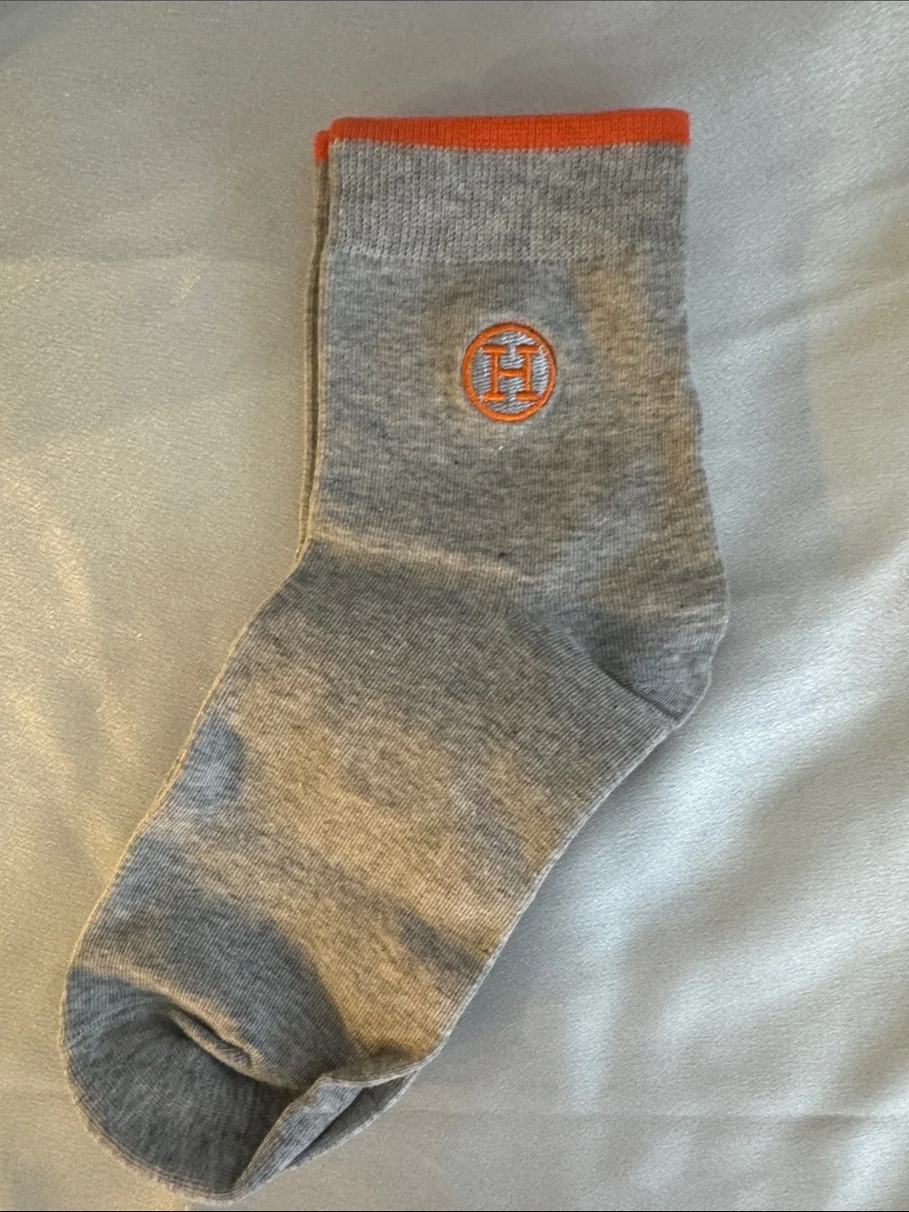 New! Hermes Gray & Orange Men's Crew Sock with Contrast Trim